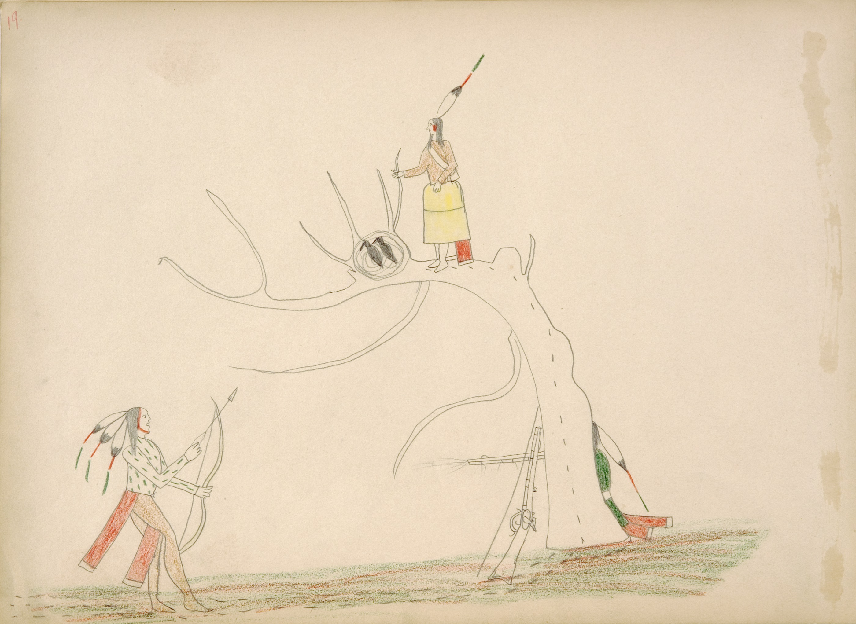 Haun-geah-ah Ka (Kiowa) is Surprised by Navajo while Upia Tru (sic?) Trying to to Rob a Buzzard's Nest. Navajo upon Seeing Haun-geah-ah Ka Attempts to Kill him but is Killed Himself by Huan-geah-ah Ka's Friend Dane-Cah (Kiowa) who upon seeing the Navajo Approaching, Hid Behind the Tree