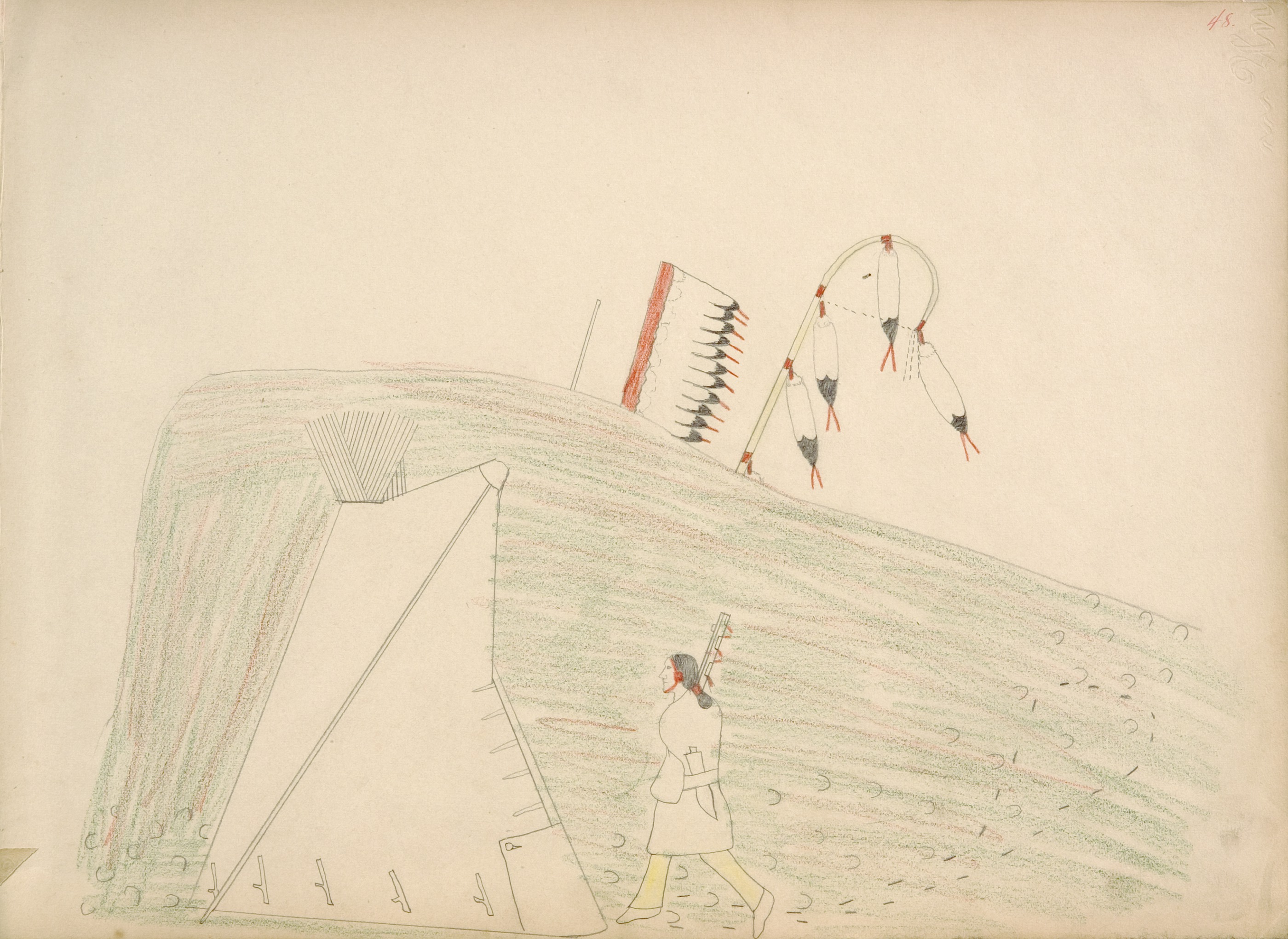 Navajo Returning to His Tepee and Finds Tracks of His Horses that have been Stolen by Kiowas - Pursues Kiowas who are just over the Hill from His Camp and is Killed by Them