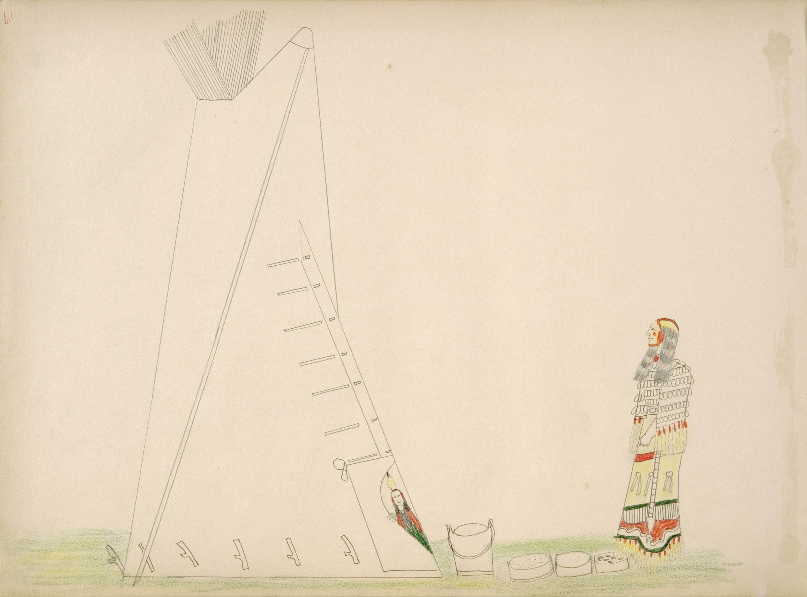  Kiowa Woke-on-Lodge. Ah-done-da-ga at Entrance Receiving Food from Taw mah (Kiowa) Woman After Night's Debautch