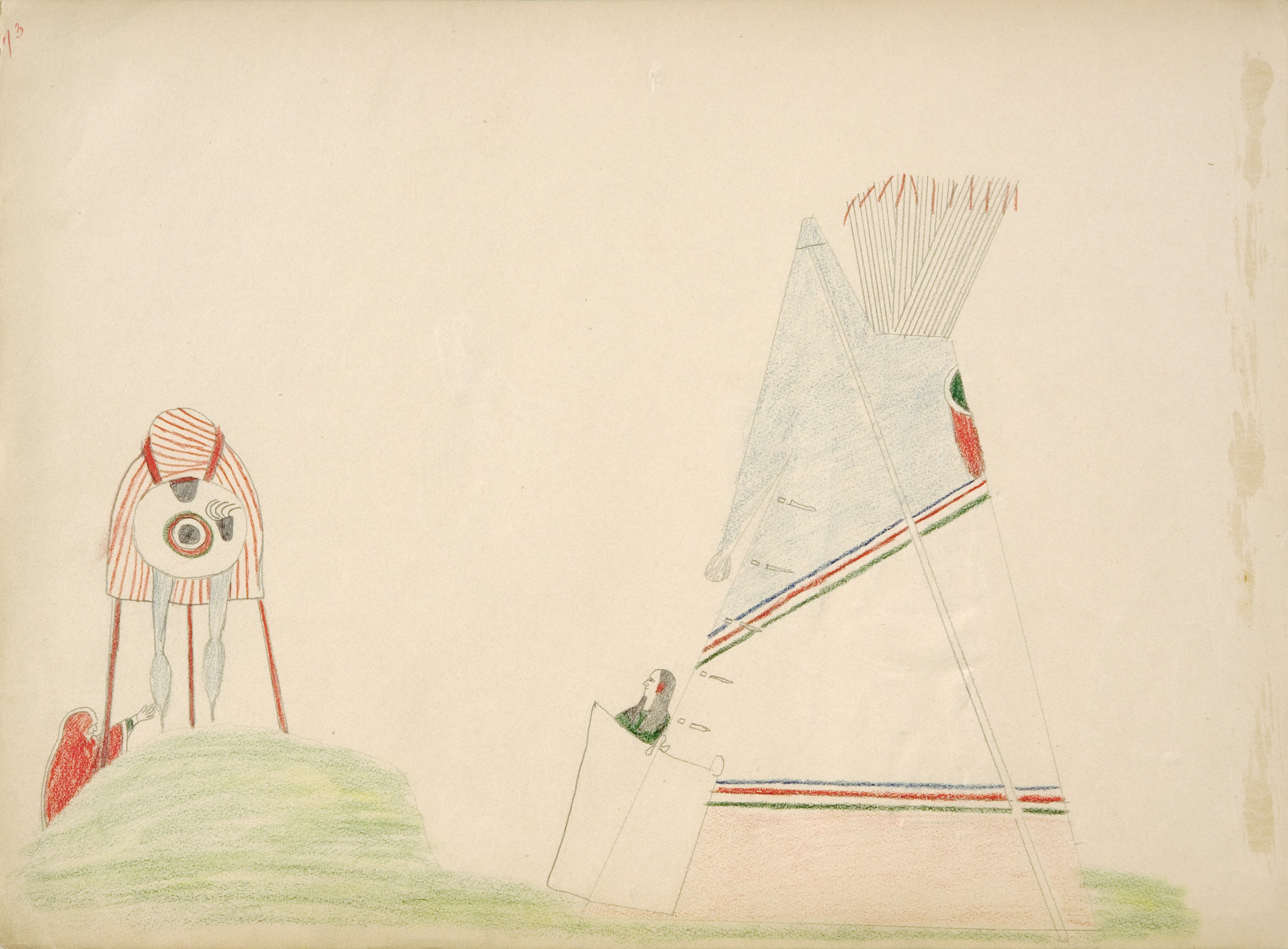 Guo-chaudle (Kiowa) behind Medicine Shield Beckoning for His Sweetheart to Come to Him 